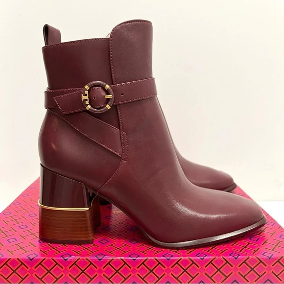 Tory Burch Multi Logo Buckle Boot Ankle Booties Square Toe Claret Burgundy 10 - Picture 2 of 14